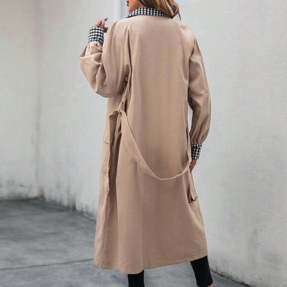 Tan Preppy Womens Gingham Panel Double Breasted Belted Trench Coat - Picture 2 of 5